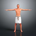 Shirtless Man with White Towel Wrapped Around Waist Standing with Arms Outstretched Against Gray Background