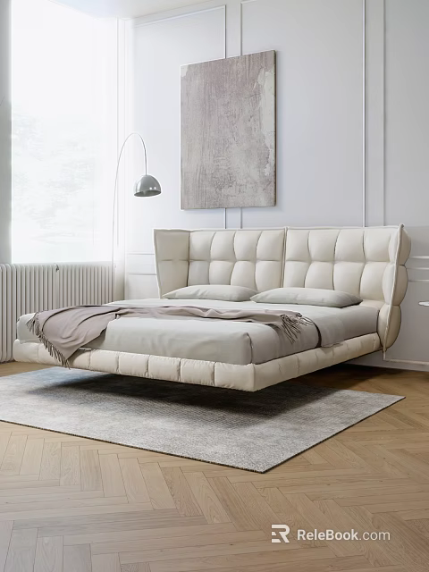Modern Cream Double Bed With Upholstered Headboard Floor Lamp Gray Rug And Abstract Painting 3d model 