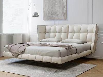 Modern Cream Double Bed With Upholstered Headboard Floor Lamp Gray Rug And Abstract Painting 3d model