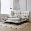 Modern Cream Double Bed With Upholstered Headboard Floor Lamp Gray Rug And Abstract Painting