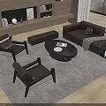 Modern Dark Leather Sofa And Coffee Table With Armchairs Bench Side Table On Rug 3d model