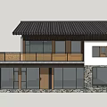 Two Story Traditional Modern Chinese House With Black Tile Roof Stone Wall And Wooden Balcony
