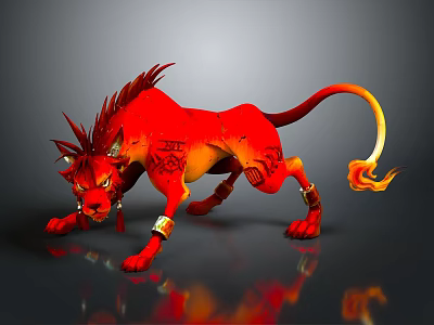 Red Lion Shaped Mythical Creature With Fiery Tail Horns Tattoos Golden Ornaments And Dynamic Pose 3d model