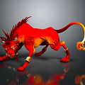 Red Lion Shaped Mythical Creature With Fiery Tail Horns Tattoos Golden Ornaments And Dynamic Pose
