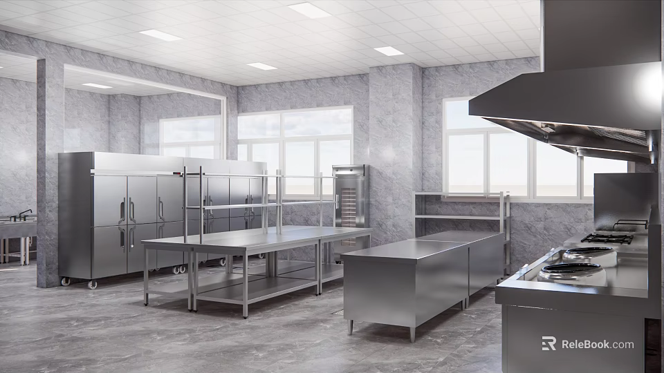 Bright Commercial Kitchen With Stainless Steel Worktables Refrigerators Oven Windows And Range Hood 3d model 
