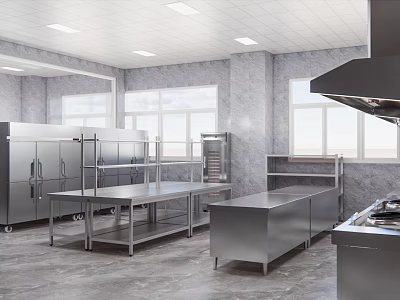 Bright Commercial Kitchen With Stainless Steel Worktables Refrigerators Oven Windows And Range Hood 3d model