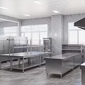 Bright Commercial Kitchen With Stainless Steel Worktables Refrigerators Oven Windows And Range Hood