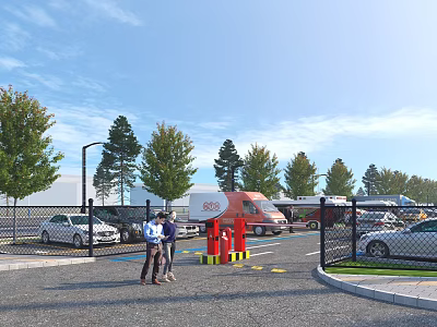Road Facilities Comprising Parking Lot Checkpoint Vehicles Red White Poles Fence And Trees 3d model