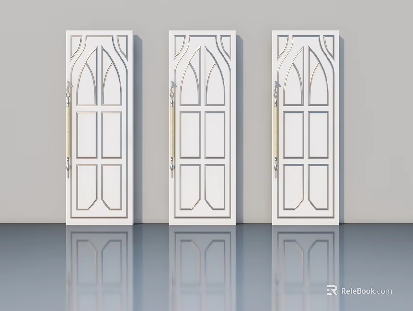 Three White Hinged Doors with Arched Top Panel Design and Gold Handles 3d model 
