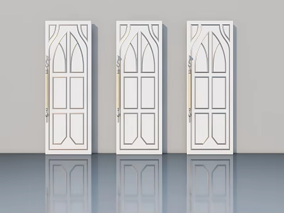 Three White Hinged Doors with Arched Top Panel Design and Gold Handles 3d model