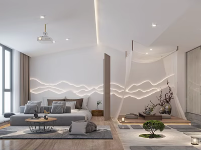 Modern Hotel Guest Room Interior With Decorative Wall Sofa And Floor to Ceiling Window 3d model