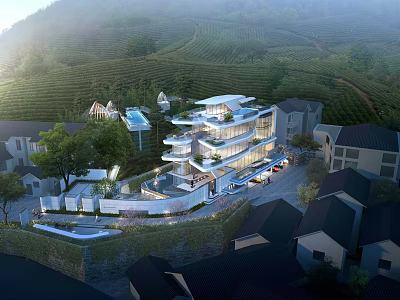 Modern Multi Level Detached Villa With Glass Facade Swimming Pool In Mountainous Terraced Fields 3d model