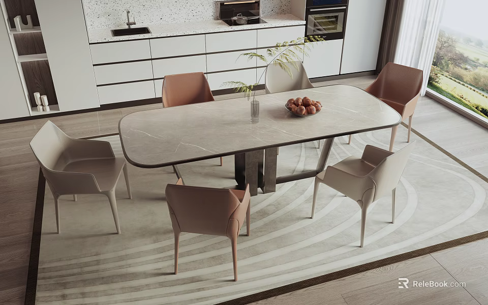 Modern Dining Table Set With Sleek Tabletop Beige And Blush Chairs Vase And Fruit Bowl 3d model 
