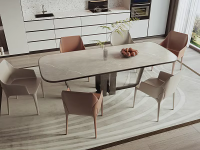 Modern Dining Table Set With Sleek Tabletop Beige And Blush Chairs Vase And Fruit Bowl 3d model