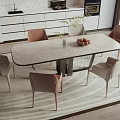 Modern Dining Table Set With Sleek Tabletop Beige And Blush Chairs Vase And Fruit Bowl