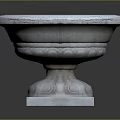 Decorative Round Stone Planter With Carved Details And Soil Filled Interior