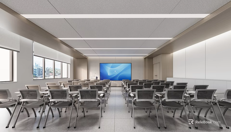 School Bright Classroom With Neatly Arranged Chairs And Large Screen 3d model