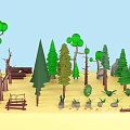 Cartoon Natural Scene with 3D Trees Rocks Wooden Logs and Small Plants