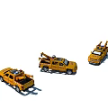 Three Yellow Utility Vehicles With Tow Equipment Crane Arms And Different Designs