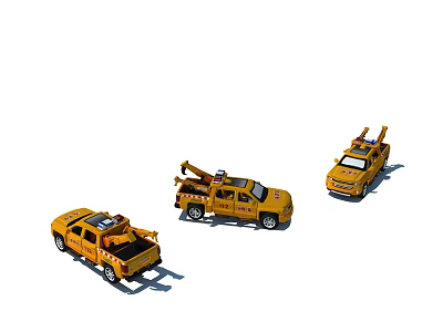 Three Yellow Utility Vehicles With Tow Equipment Crane Arms And Different Designs 3d model