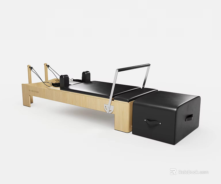 Pilates Reformer Fitness Equipment With Wooden Frame Black Mat And Spring System 3d model 