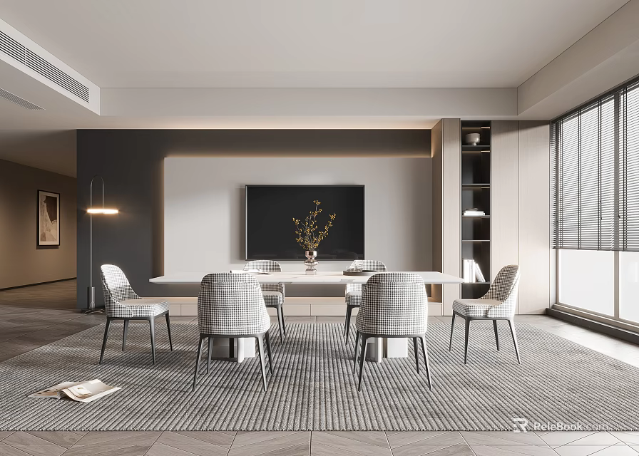Modern Dining Room Interior Design With Minimalist Table Chairs Pendant Lights Rug And Windows 3d model 