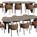 Elegant Oval Dining Table Set With Brown Chairs Black Legs And Patterned Surface 3d model