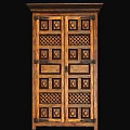Traditional Oak Console Cabinet With Intricate Carved Design And Storage Doors