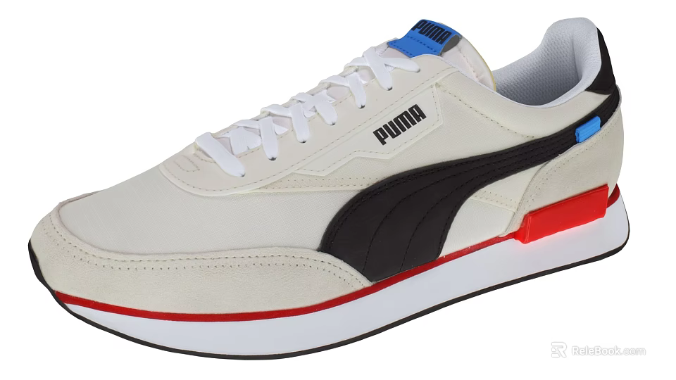 PUMA Beige Casual Sneakers With Black Logo Red Sole And Blue Accents 3d model 