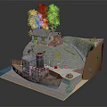 Cartoon Scene Featuring Old Boat With Chimney Small House Trees Tunnel Water And Grass