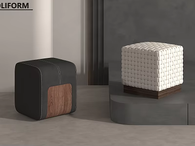 Modern Sofa Stools With Black Surface Wooden Side And White Woven Texture Wooden Base 3d model