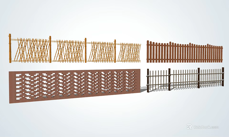Different Fence Styles Featuring Bamboo Wooden Metal Woven Lattice and Slatted Designs 3d model 