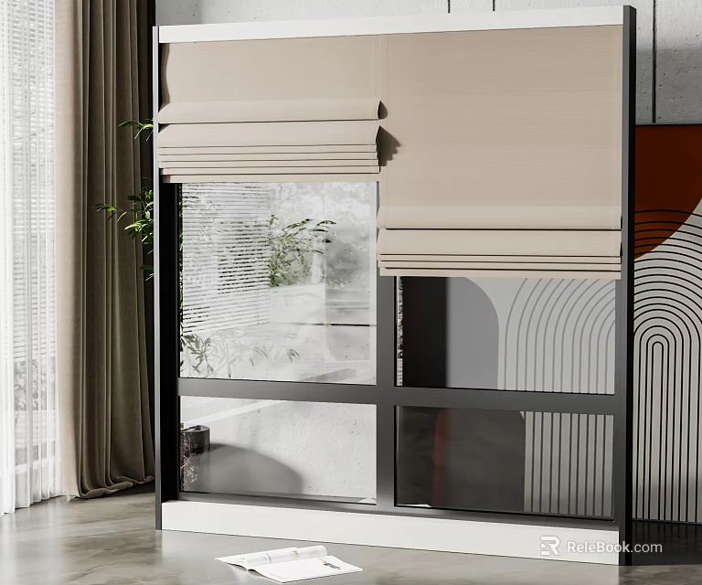 Modern Floor To Ceiling Windows With Beige Roller Blinds And Indoor Plant 3d model 