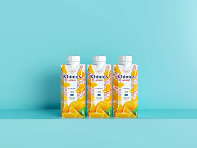 Khumo Orange Juice Three Bottles With Orange Graphics On Light Blue Background 3d model