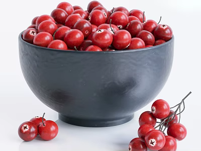 Fresh Red Berries in Black Bowl With Scattered and Branch Attached Berries on White Background 3d model