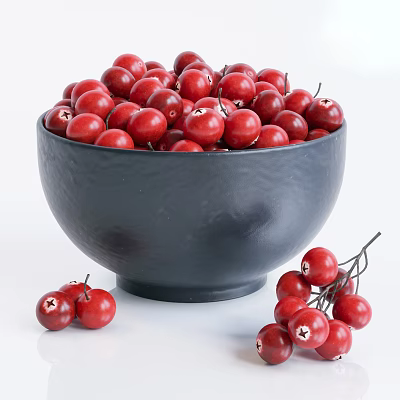 Fresh Red Berries in Black Bowl With Scattered and Branch Attached Berries on White Background 3d model