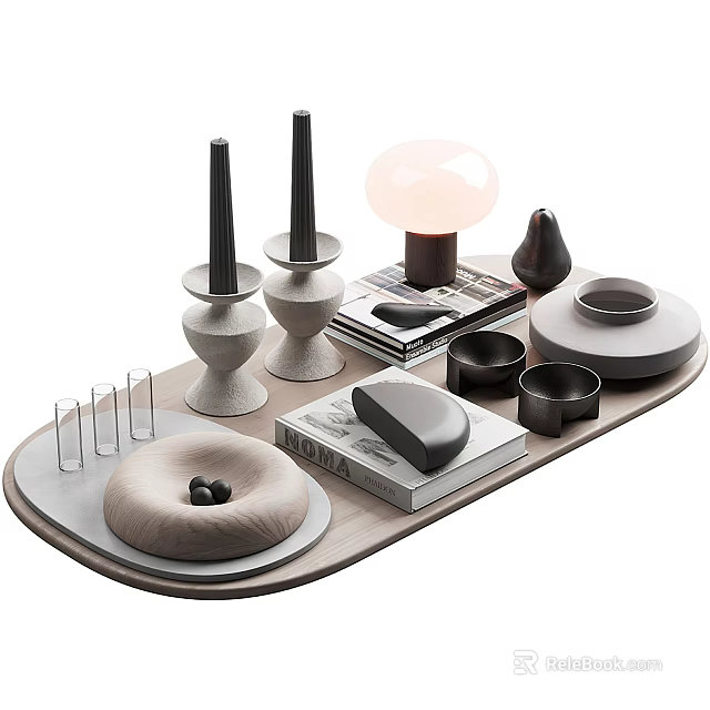Modern Minimalist Decorative Ornament Set With Tray Table Lamp Stacked Books And Black Decor Pieces 3d model 
