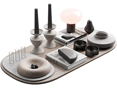 Modern Minimalist Decorative Ornament Set With Tray Table Lamp Stacked Books And Black Decor Pieces 3d model