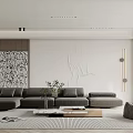 Modern Living Room Interior With Gray Sofa Decorative Artwork And Wooden Coffee Table