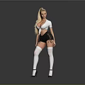 Blonde Woman In White Top Black Shorts White Thigh High Socks And Black High Heels