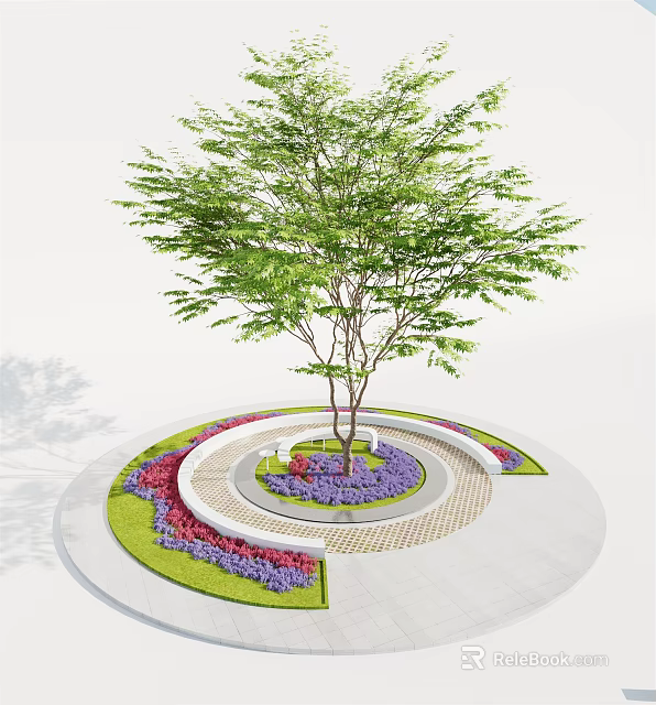 Circular Tree Pit Design With Central Tree Surrounding Paved Pathway Colorful Flowers And Green Grass 3d model