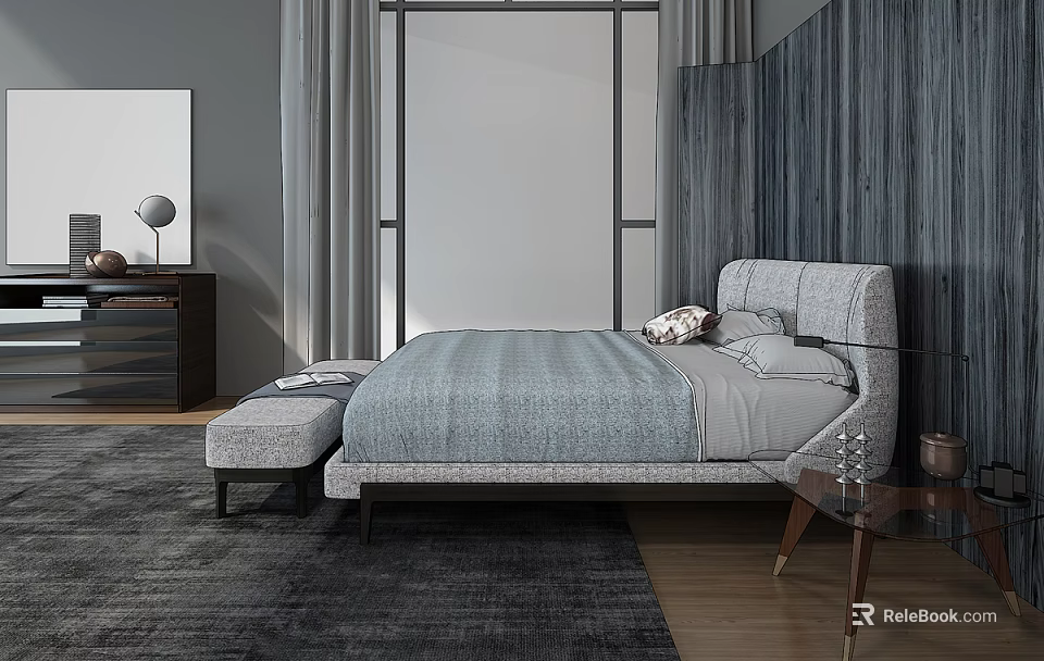 Modern Double Bed with Upholstered Headboard Gray Bedding and Wooden Wall 3d model 
