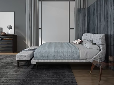 Modern Double Bed with Upholstered Headboard Gray Bedding and Wooden Wall 3d model