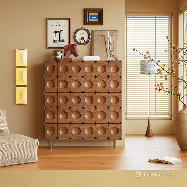 Decorative Wooden Chest of Drawers with Circular Pattern in Living Room Interior with Wall Art 3d model 