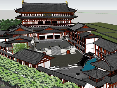 Traditional Chinese Ancient Architecture With Multi Tiered Pavilion Curved Eaves And Courtyard Layout 3d model