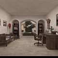 Indoor Vintage Living Space With Wooden Furniture Archway Red Lantern Green Plant And Wall Art