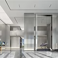 Modern Reception Area With Front Desk Marble Flooring Large Windows Elegant Chairs And Artwork