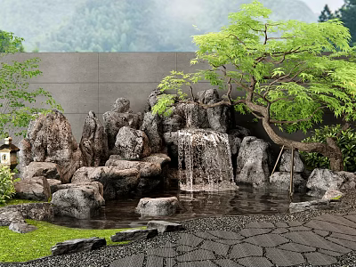 Scenic Rockery Waterfall Garden With Small Tree Stone Path And Mountain View 3d model