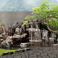 Scenic Rockery Waterfall Garden With Small Tree Stone Path And Mountain View