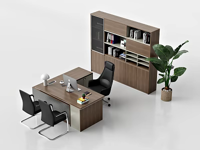 Modern Office Desk Setup With Black Chairs Wooden Bookcase Books And Potted Plant 3d model